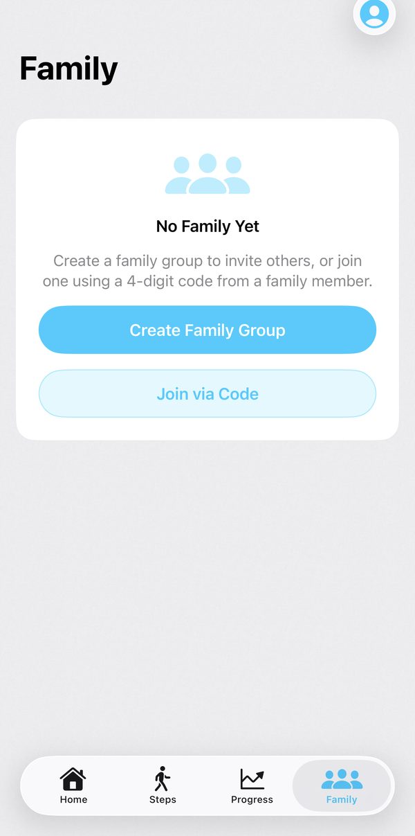 Family screen with Create Family Group and Join via Code buttons