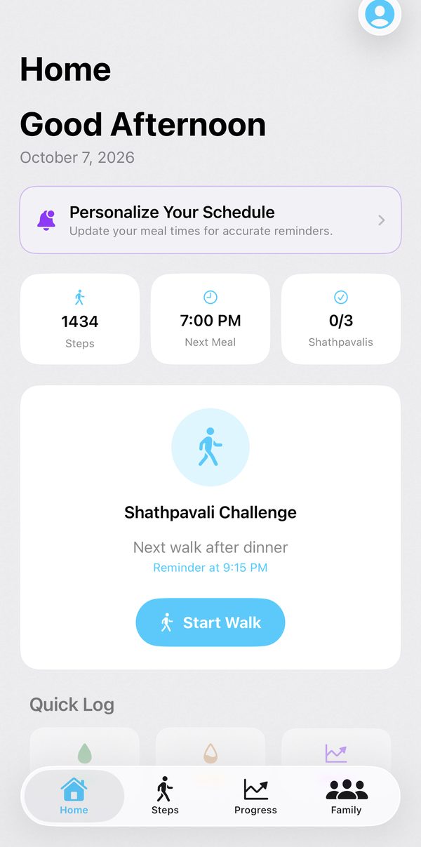 Shathpavali home screen showing today's steps, next meal time and the Shathpavali Challenge with a reminder after dinner